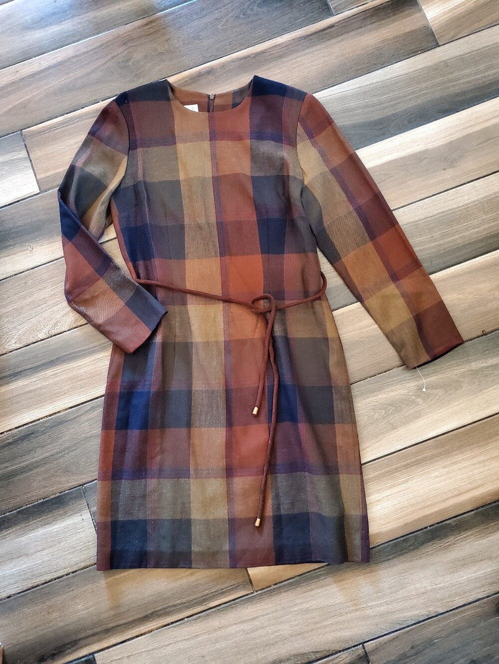 David Warren Vintage 80s Wool Plaid Long Sleeve Dress with Belt 14P Fall Winter